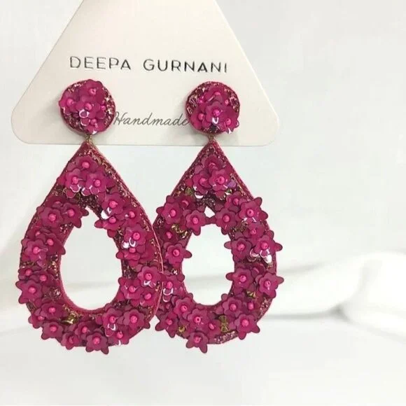 Deepa Gurnani Antropologie Earrings Sequin Beaded Floral Dangle Teardrop Fuschia - Picture 6 of 11